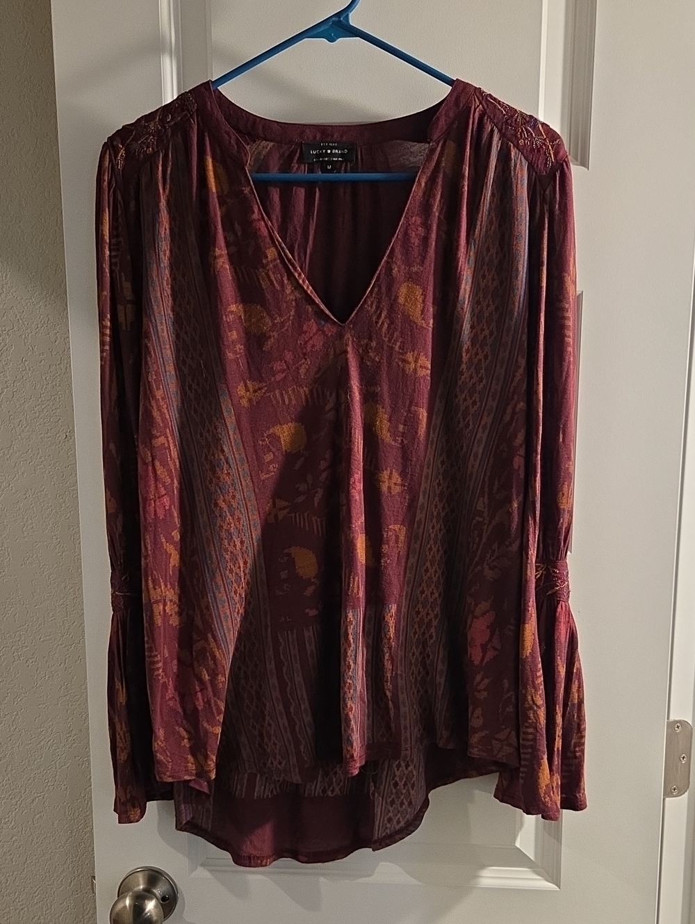 Lucky Brand Burgundy and Mustard Floral V-Neck Tunic